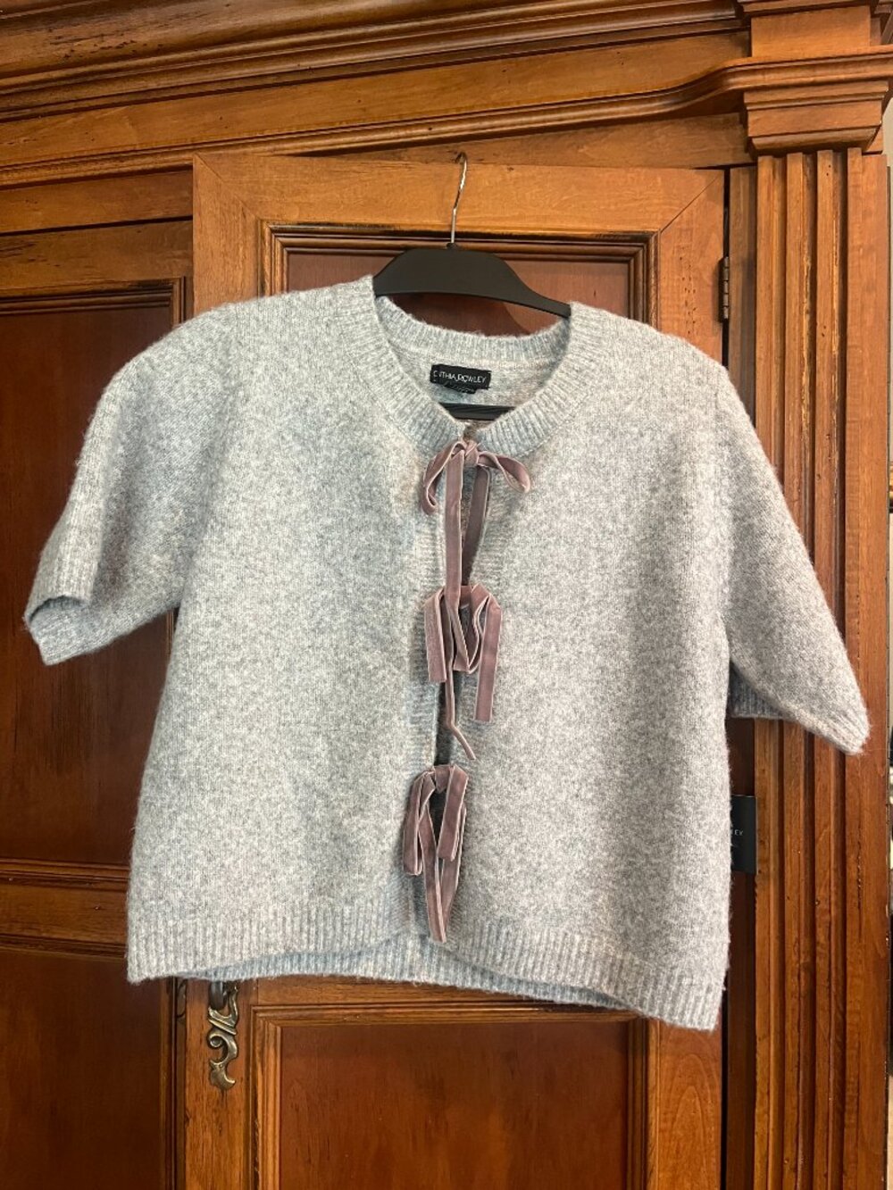 NWT Cynthia Rowley Gray Bow Front Short Sleeve Sweater M